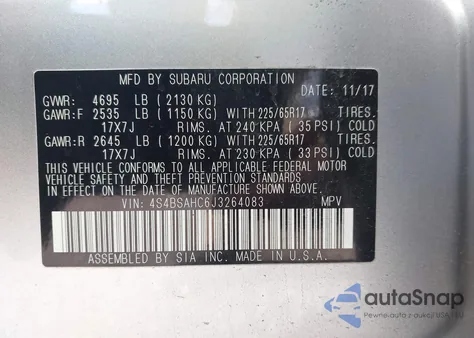 2018 Subaru Outback 2.5I Premium z USA, uszkodzony, nr VIN 4S4BSAHC6J3264083